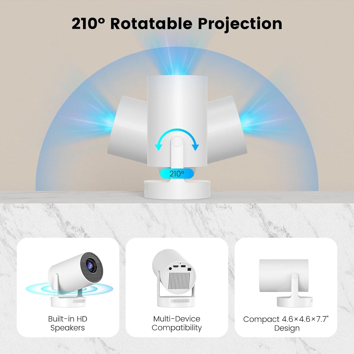 Nathan Ultra Mini Projector – 4K Support, WiFi 6, Bluetooth 5.4, 180° Rotation, Smart Home Theater